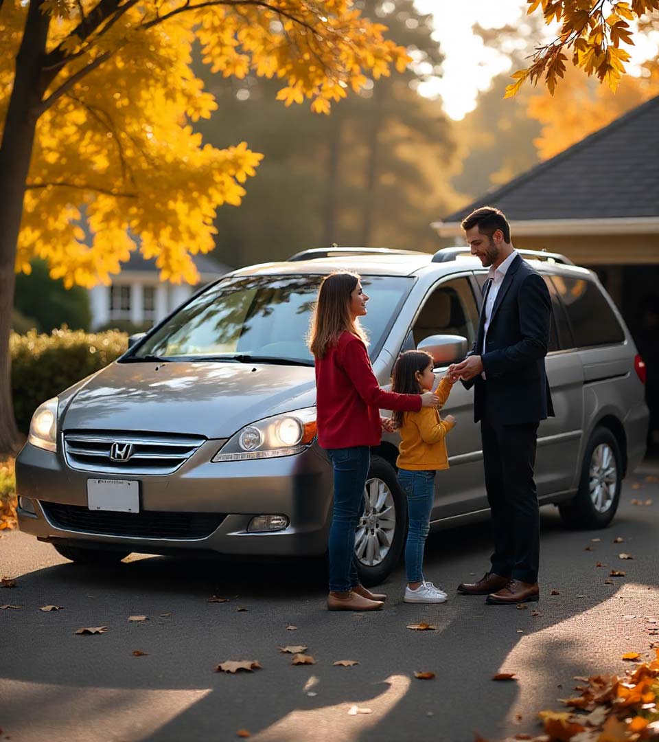 Eine Familie übergibt ein Auto an einen Händler beim Autoankauf Bamberg vor dem Haus